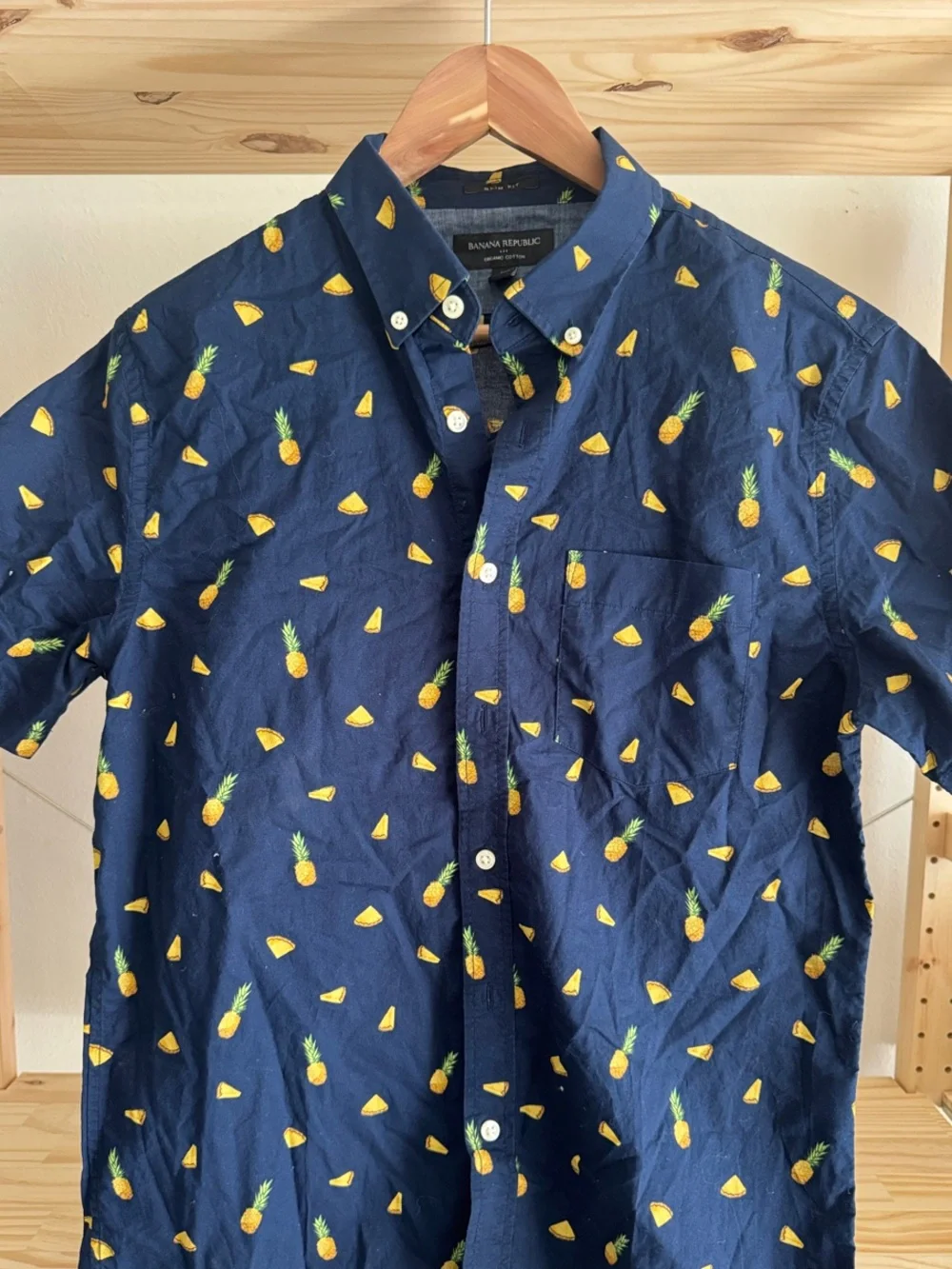 Banana Republic Navy Short-Sleeve Button-Down with Yellow Pineapple Print